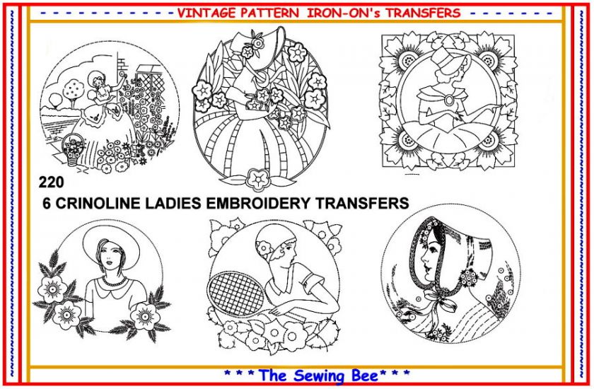 220   6 New Crinoline lady embroidery transfer patterns  