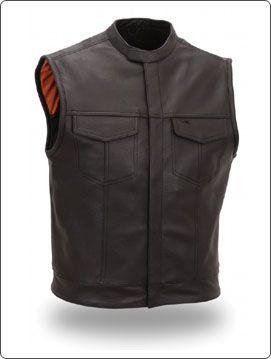 Leather Motorcycle Vest Men’s Concealed Snaps Scooter Collar Vest S 