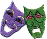 DRAMA MASKS, GREEN & PURPLE IRON ON APPLIQUE/PATCH  