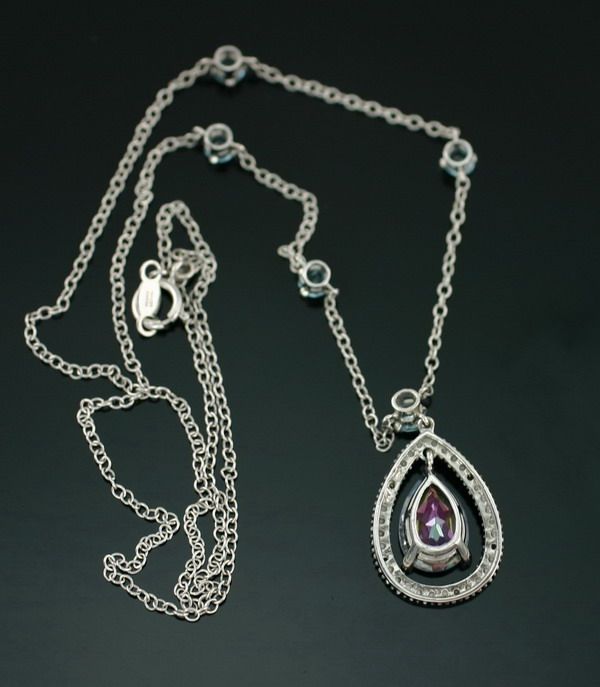 New 10K White Gold Neptune Blue Topaz Pear Pendant Chain Necklace 