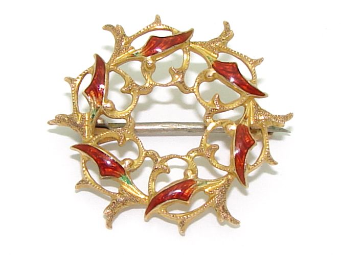 Estate 14kt Gold Red Enamel Leaf Circle Pin Brooch  