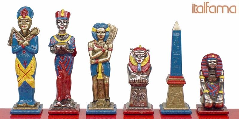 Italfama Egyptian Hand Painted Brass Chess Set Pieces  