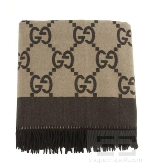 Gucci Brown & Tan Wool Monogram Fringe Throw Blanket  