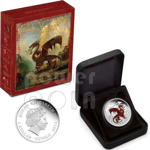 RED WELSH DRAGON Dragons Of Legend Silver Coin 1$ Tuvalu 2012  