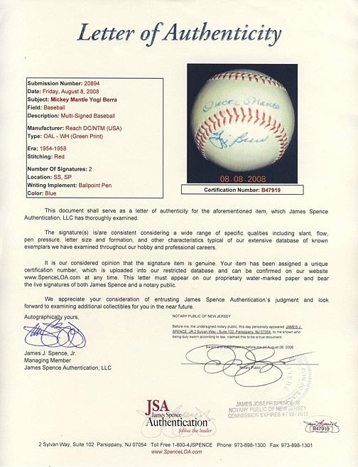 MICKEY MANTLE & YOGI BERRA SIGNED BASEBALL BALL JSA  
