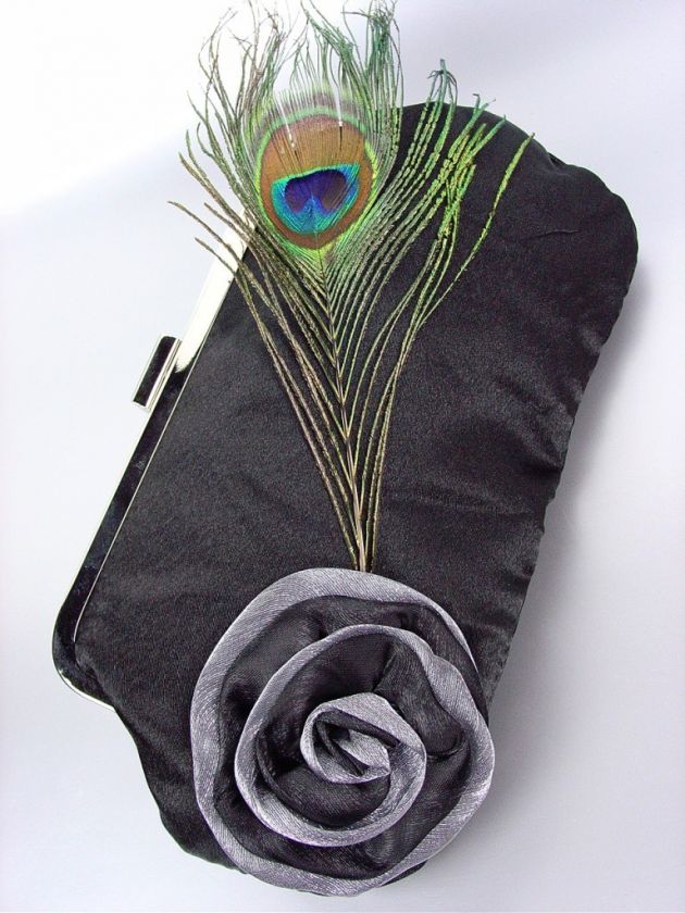   Black Satin Flower Bouquet Peacock Feather Clutch Evening Purse Bag