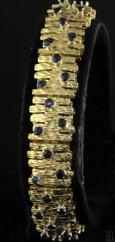 HEAVY 18K GOLD ITALY FANCY 2.50CT SAPPHIRE BARK TEXTURED LINK BRACELET 