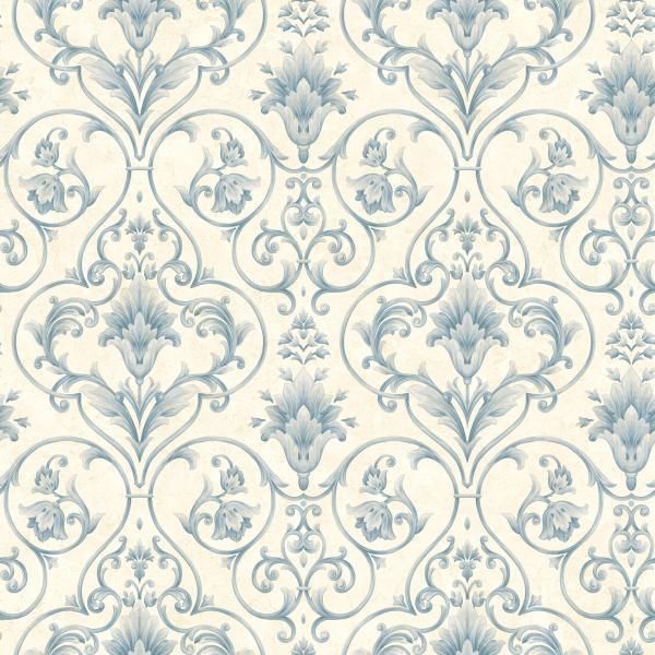 WALLPAPER SAMPLE Blue and Cream Victorian Scroll  