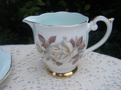   Anne Autumn Rose Bone China 17pc tea set Turquoise White Roses  