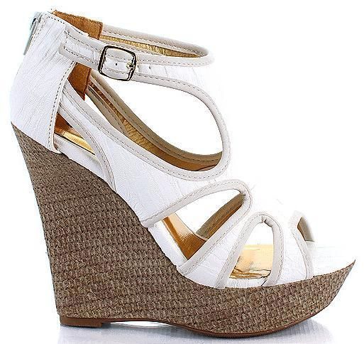 WHITE PU Wedge High Heel Open Toe Strappy Shoe Sandal  