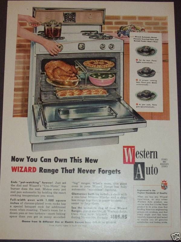 1958 WESTERN AUTO & WIZARD GAS ELECTRIC RANGE STOVE AD  