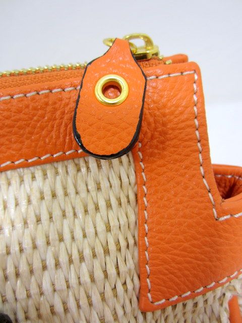 Serpui Marie womens raffia orange/gray leather trim woven handbag $458 