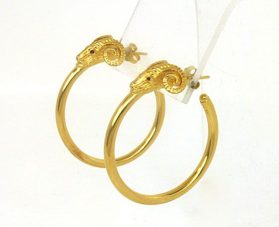 LOVELY 18K GOLD RUBIES LADIES RAMS HEAD HOOP EARRINGS  