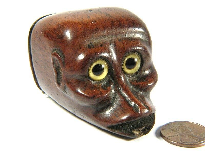 ANTIQUE HARDWOOD HINGED SNUFFBOX MONKEYS HEAD c1820  