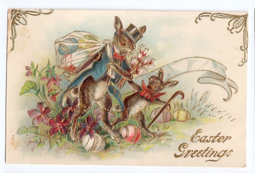 Dressed Rabbit Top Hat Gold Embossed Easter Eggs Postcard  