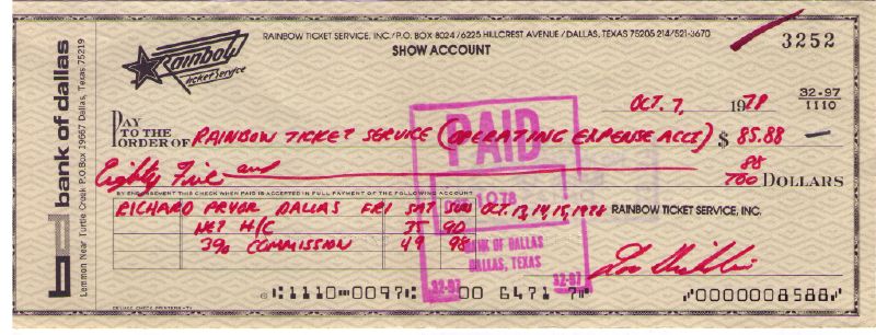 CANCELED WIRE TRANSFER/CHECK #3252. OCT 7th 1978 FROM RAINBOW TICKETS 