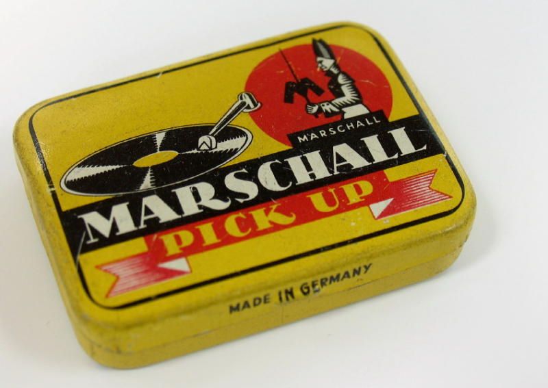 ANTIQUE PHONOGRAPH NEEDLE YELLOW MARSCHALL TIN BOX  