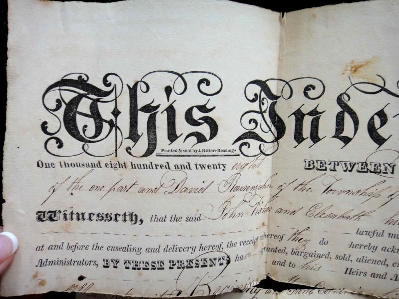 1828 antique JOHN FISHER/RAuENZAHN DEED land BERKS PA  