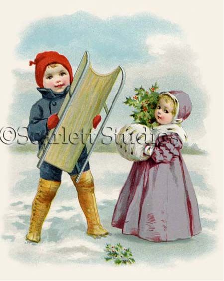 VICTORIAN CHRISTMAS CHILDREN in the Snow SLED   Giclee  