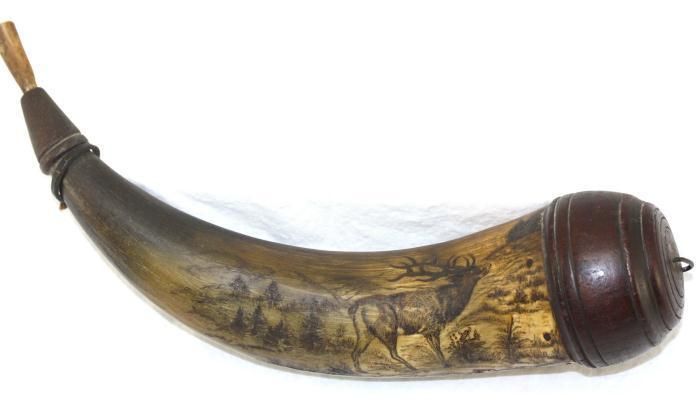 Antique Circa 1850 POWDER HORN Superb Highly Engraved Elk Mountain 