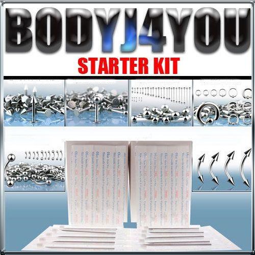 NEW 20pc BODY PIERCING JEWELRY & NEEDLES STARTER KIT  