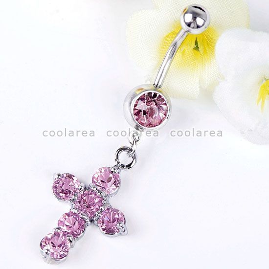 14G Pink Crystal Cross Dangle Ball Belly Navel @Ring 1P  