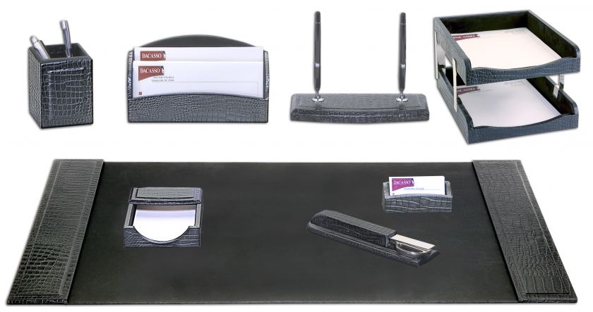 Black Croc. Embossed Leather 10Pc Desk Set Pad  