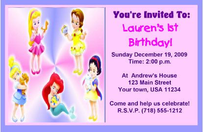 12 Disney Princess Baby Party Invitations w/envelopes  