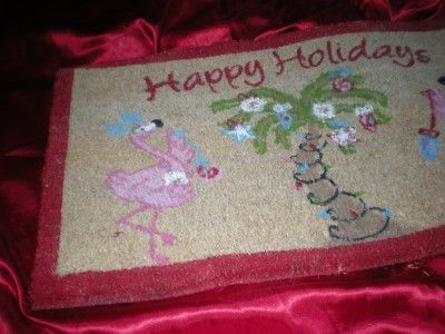   CHRISTMAS FLAMINGOS & PALM HAPPY HOLIDAYS COIR DOOR MAT RUG  