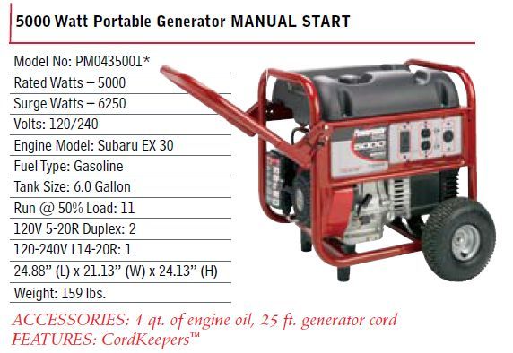 Powermate 5000 watt Generator 10hp Subaru #PM0435001  