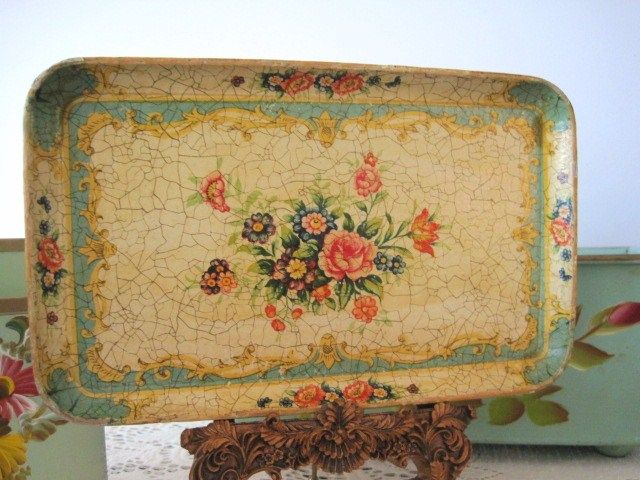   Yellow Original Vintage Crackle Paper Mache Tole Dresser Tray  