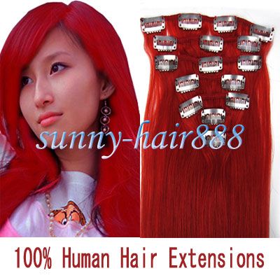 18 7pcs Clips In Remy Human Hair Extensions#Red ,70g  