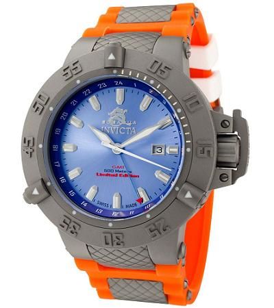 Invicta Mens 1591 Subaqua Noma III GMT Blue Dial Orange Strap Swiss 