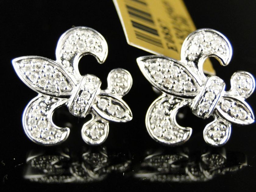   GOLD GENUINE WHITE DIAMOND 15 MM FLEUR DE LIS STUDS EARRINGS  