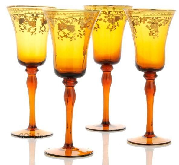 Highgate Manor Set of 4 Scrolling AMBER GOBLETS GLASSES GOLD TRIM 