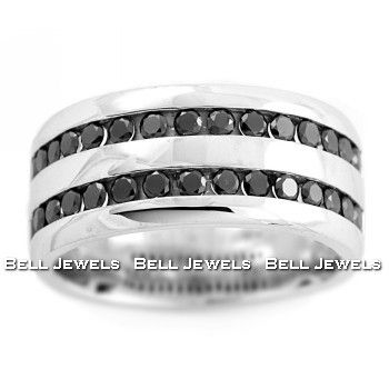 MASSIVE 9MM MANS MENS GENTS BLACK DIAMOND WEDDING BAND RING 14K WHITE 