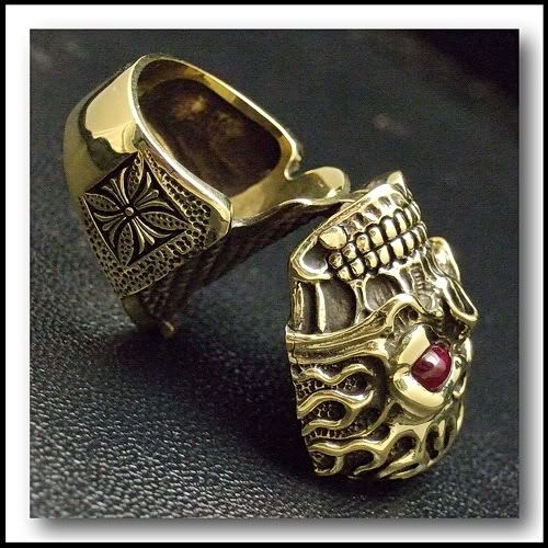 Primal Flaming Skull Mens Brass Ring, Size 12.5  