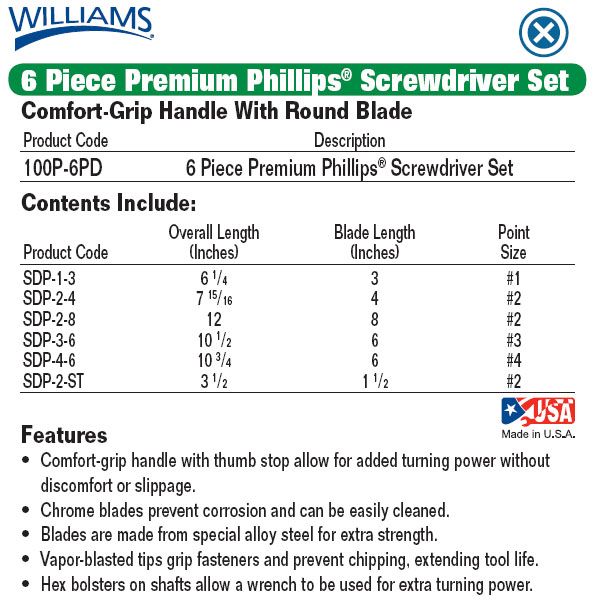 JH WILLIAMS 6 PIECE PREMIUM PHILLIPS® SCREWDRIVER SET  