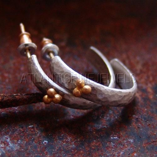 OMER 24K SOLID GOLD&925K HAMMERED SILVER HOOP HANDMADE EARRINGS  