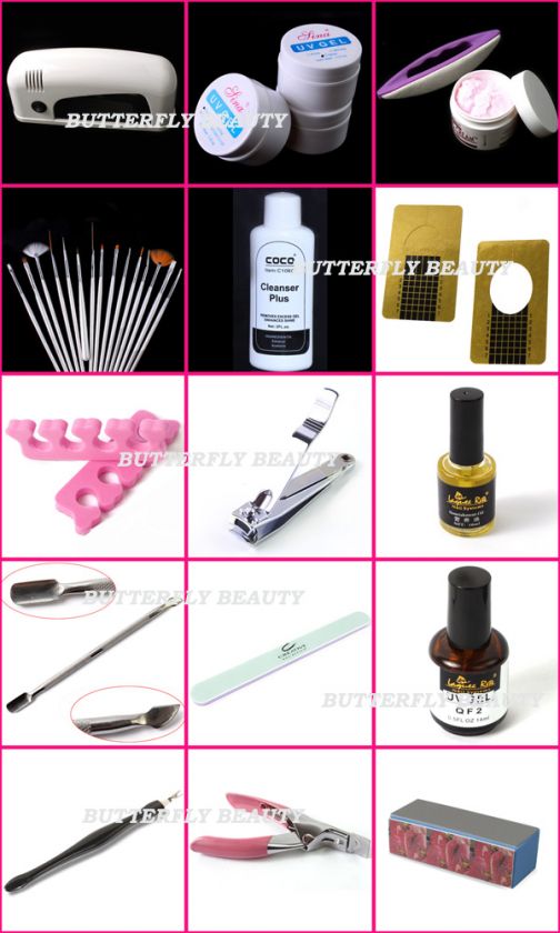 Pro Nail Art UV Gel Kits Tool UV lamp Brush Remover nail tips glue 