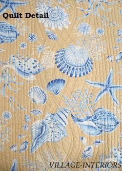 TROPICAL BEACH SEASHELLS SANDY TAUPE TAN & BLUE QUILT THROW / SHELLS 