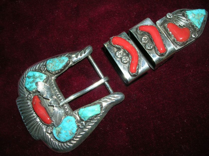 Turquoise coral sterling silver buckle set DAN SIMPLICO  