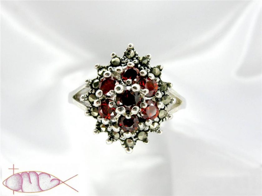 Sterling Silver Garnet Floral Cluster Ring size 8 9 10  