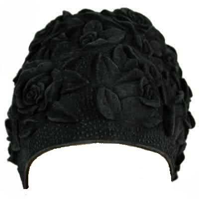 FLORAL EMBOSS VINTAGE STY LATEX SWIM CAP (Black)  