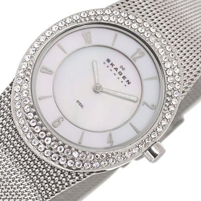 Watch New SKAGEN Steel Slim Ladies MOP Dial Crystals  